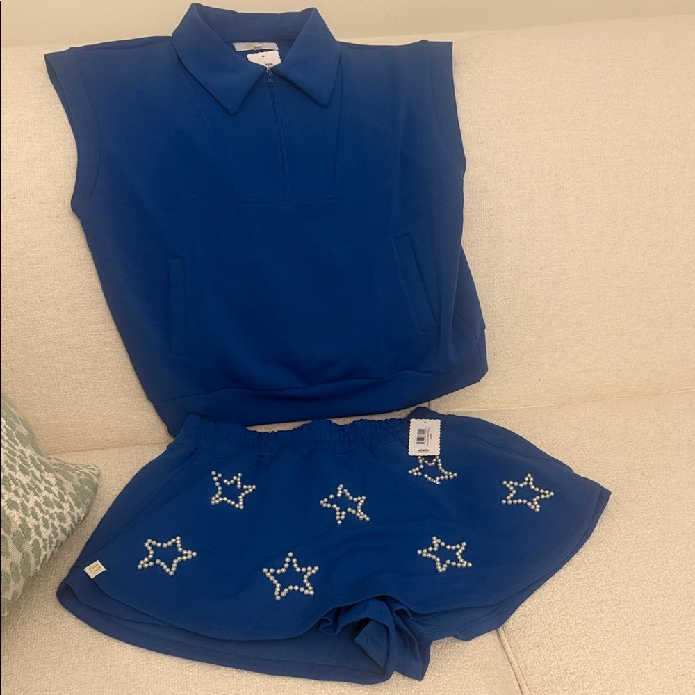 Simply Southern Cobalt Blue Sleeveless Polo Top with Star-Embellished Shorts